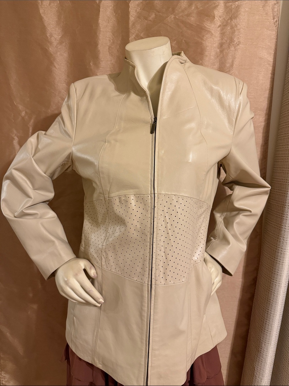 Terry Lewis Classic Luxuries Cream Perforated Leather Zip Jacket